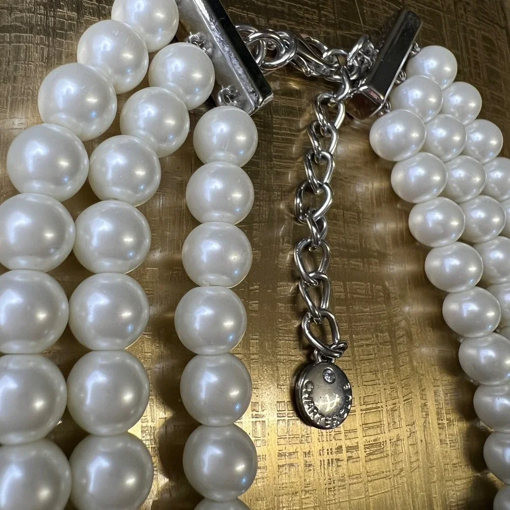 Charter Club Faux Pearl‎ Triple Strand Crystal Flower Statement Necklace Silver